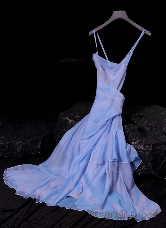 Retro High Low Spaghetti Straps Blue Knee Length Prom Dresses Birthday Outfits