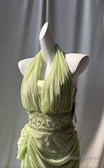 Retro Light Green V-Neck Chiffon Beaded Sequins Floor-Length Prom Dress Beautiful Birthday Evening Dress