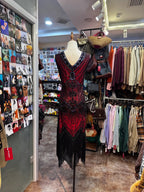 Retro Luxury Red And Black Color-Blocked V-Neck Sequined Tassel Prom Dresses Evening Dresses