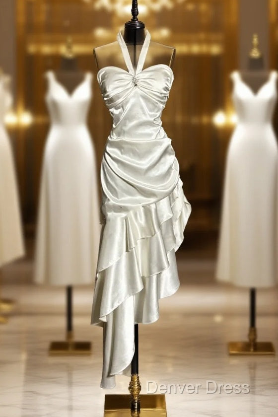 Retro Mermaid Halter Satin High Low Evening Dresses Prom Dresses