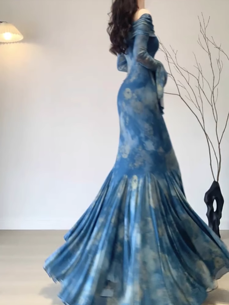 Retro Mermaid Off The Shoulder Floral Blue Long Sleeves Prom Dresses Birthday Outfits Secondary image