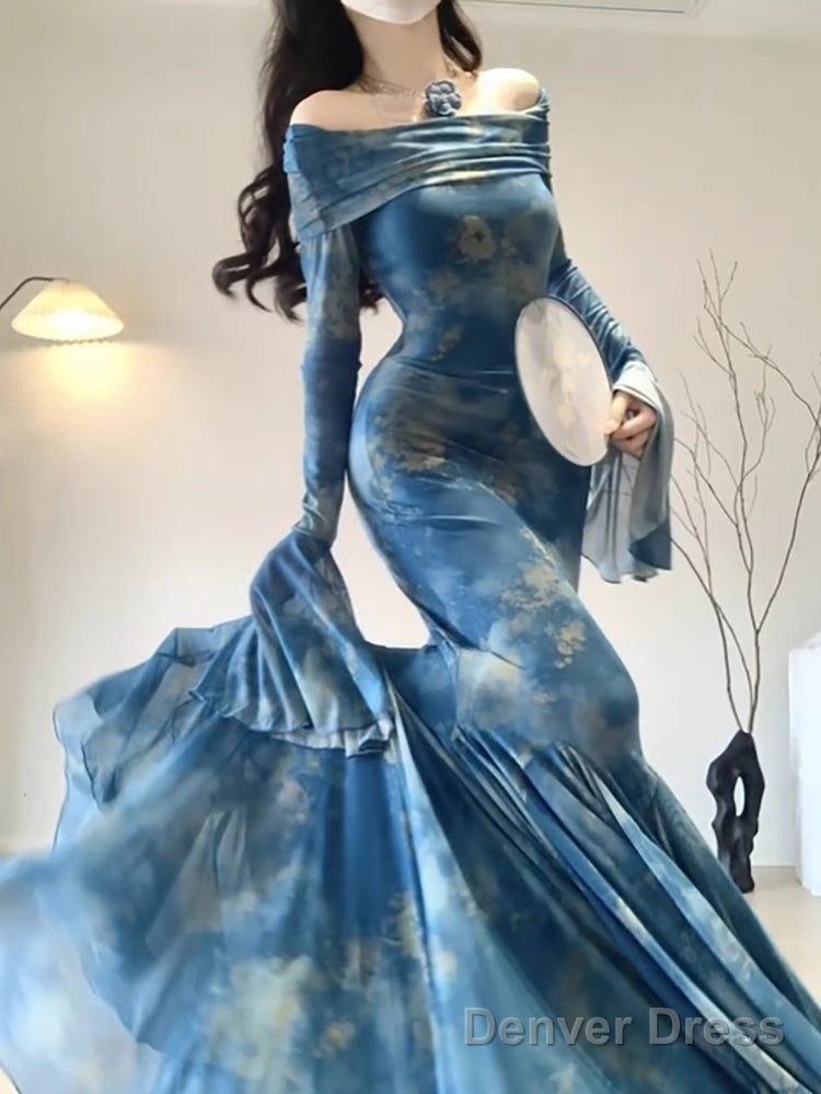 Retro Mermaid Off The Shoulder Floral Blue Long Sleeves Prom Dresses Birthday Outfits