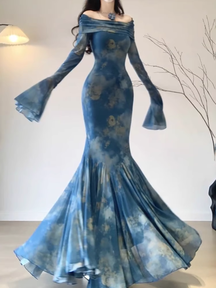 Retro Mermaid Off The Shoulder Floral Blue Long Sleeves Prom Dresses Birthday Outfits Main image