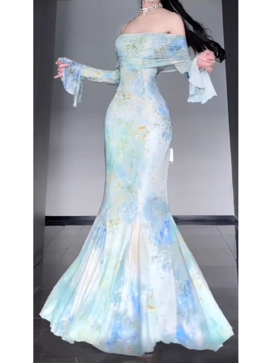 Retro Mermaid Off The Shoulder Floral Long Sleeves Prom Dresses Birthday Outfits
