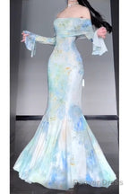 Retro Mermaid Off The Shoulder Floral Long Sleeves Prom Dresses Birthday Outfits