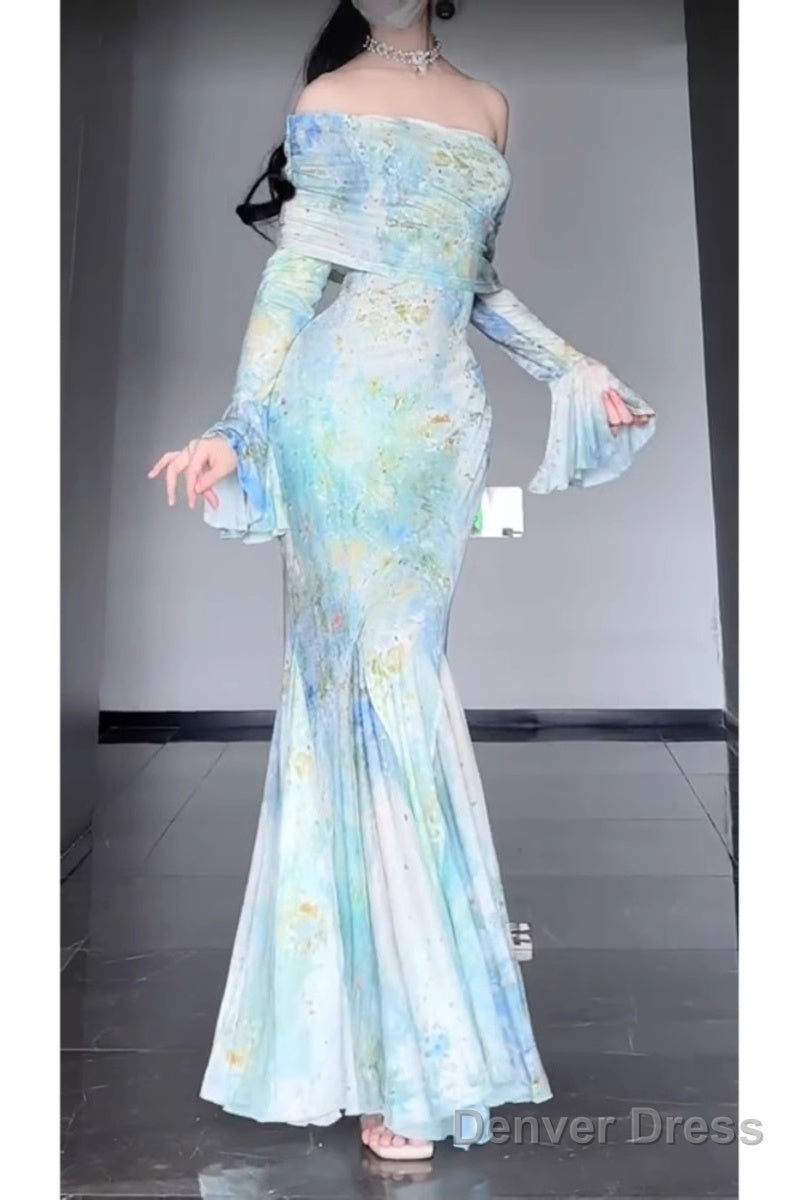 Retro Mermaid Off The Shoulder Floral Long Sleeves Party Dresses Birthday Outfits
