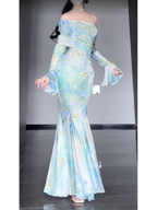 Retro Mermaid Off The Shoulder Floral Long Sleeves Prom Dresses Birthday Outfits
