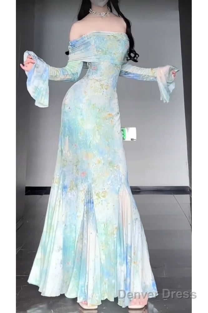 Retro Mermaid Off The Shoulder Floral Long Sleeves Party Dresses Birthday Outfits