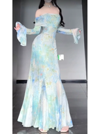 Retro Mermaid Off The Shoulder Floral Long Sleeves Prom Dresses Birthday Outfits