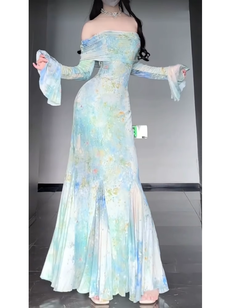Retro Mermaid Off The Shoulder Floral Long Sleeves Prom Dresses Birthday Outfits