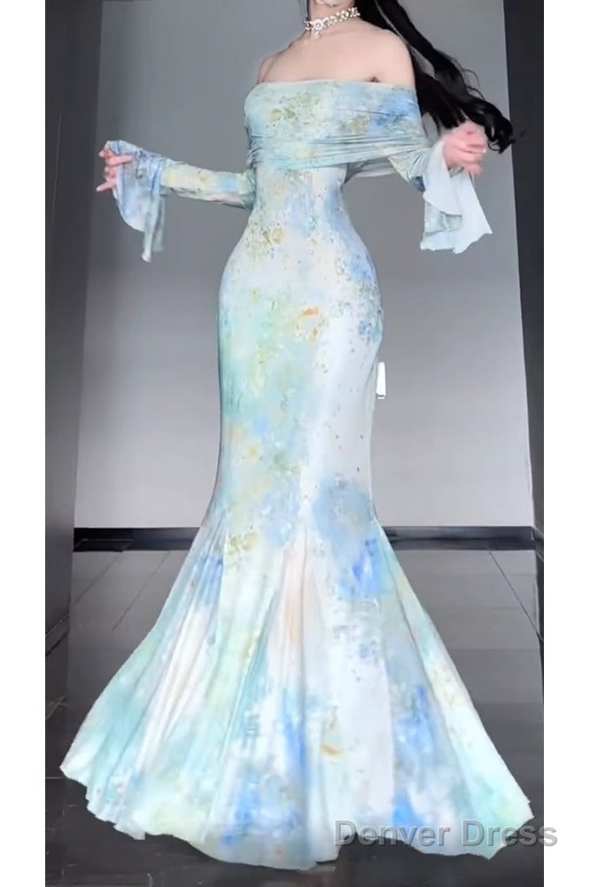 Retro Mermaid Off The Shoulder Floral Long Sleeves Prom Dresses Birthday Outfits