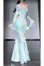 Retro Mermaid Off The Shoulder Floral Long Sleeves Prom Dresses Birthday Outfits