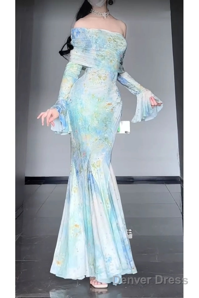 Retro Mermaid Off The Shoulder Floral Long Sleeves Prom Dresses Birthday Outfits Main image