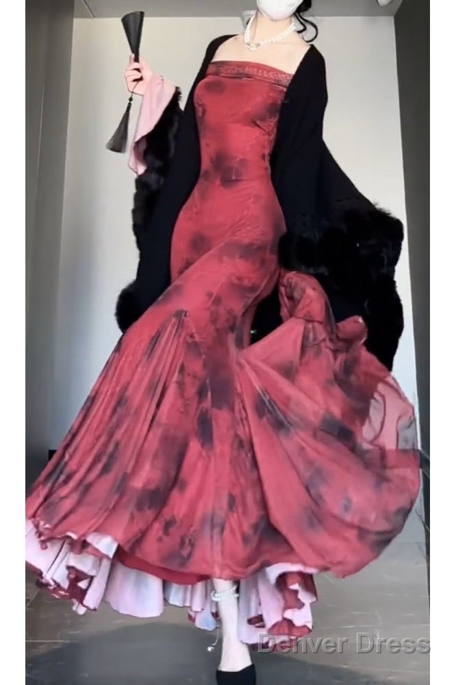 Retro Mermaid Off The Shoulder Floral Red Long Sleeves Party Dresses Birthday Outfits Secondary image