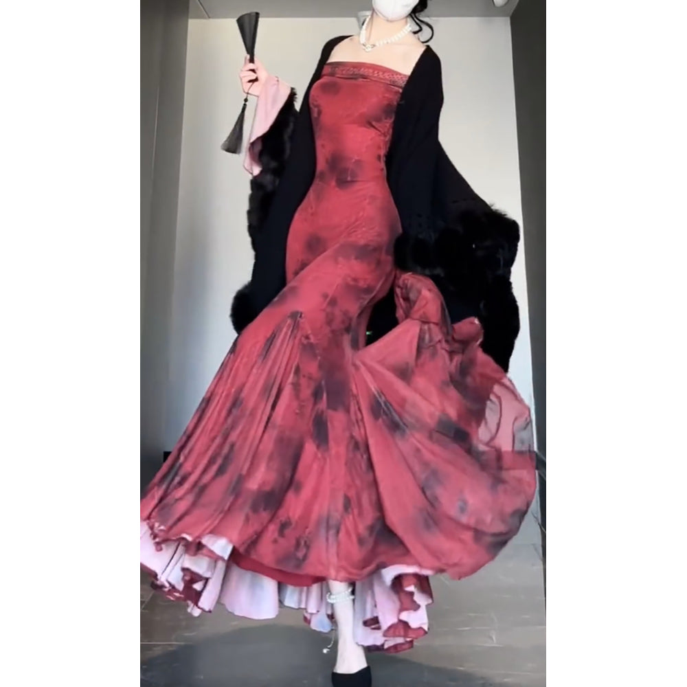 Retro Mermaid Off The Shoulder Floral Red Long Sleeves Prom Dresses Birthday Outfits Secondary image