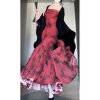 Retro Mermaid Off The Shoulder Floral Red Long Sleeves Prom Dresses Birthday Outfits