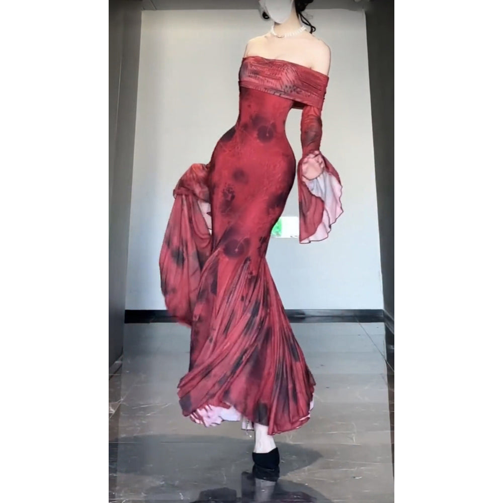 Retro Mermaid Off The Shoulder Floral Red Long Sleeves Prom Dresses Birthday Outfits