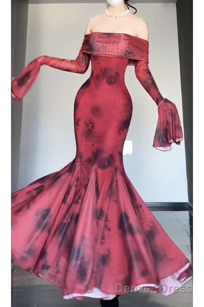 Retro Mermaid Off The Shoulder Floral Red Long Sleeves Party Dresses Birthday Outfits