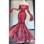 Retro Mermaid Off The Shoulder Floral Red Long Sleeves Prom Dresses Birthday Outfits