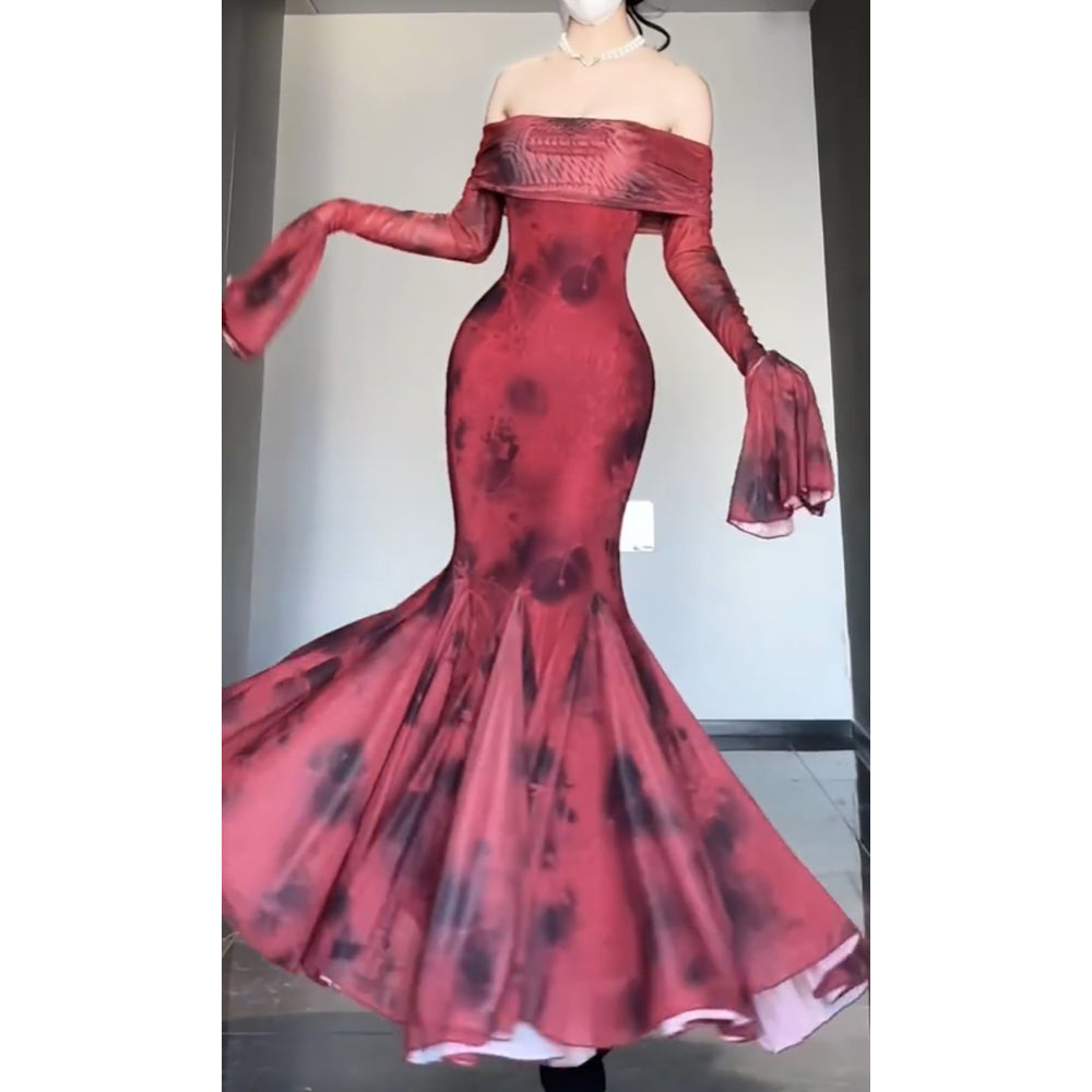 Retro Mermaid Off The Shoulder Floral Red Long Sleeves Prom Dresses Birthday Outfits