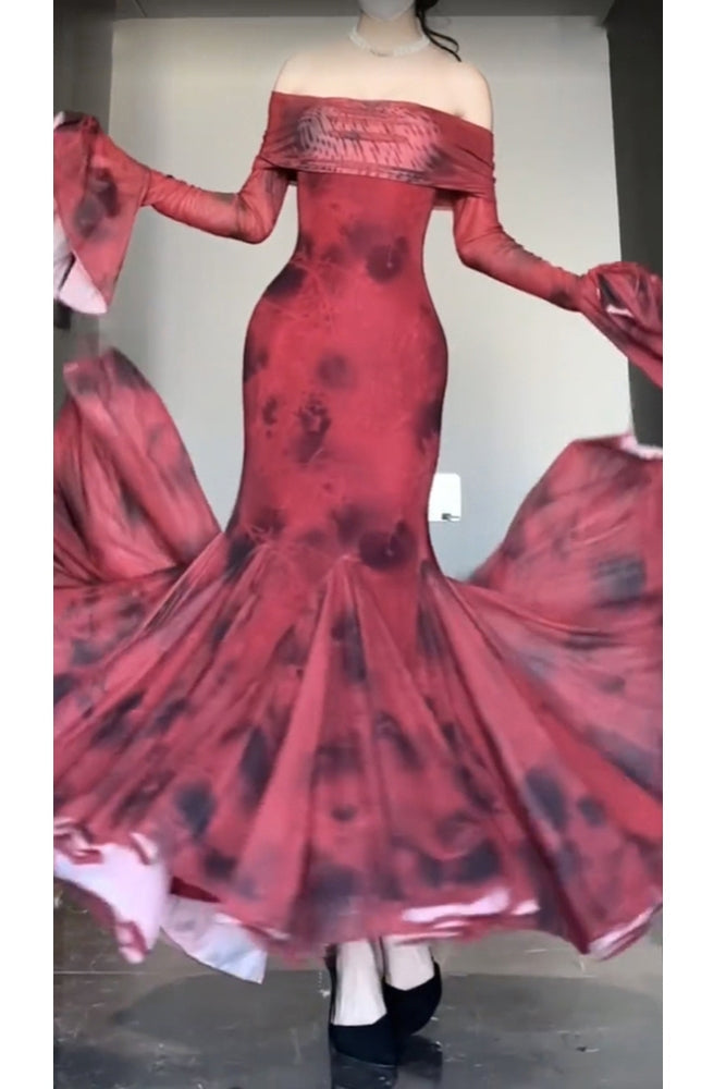 Retro Mermaid Off The Shoulder Floral Red Long Sleeves Prom Dresses Birthday Outfits