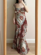 Retro Mermaid Print Ruffled Chiffon Long Prom Dresses Evening Dresses