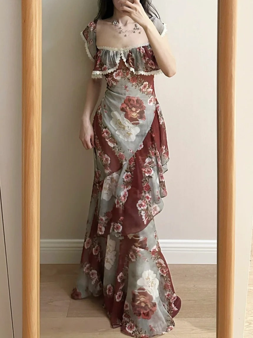 Retro Mermaid Print Ruffled Chiffon Long Prom Dresses Evening Dresses