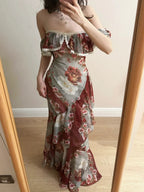Retro Mermaid Print Ruffled Chiffon Long Prom Dresses Evening Dresses