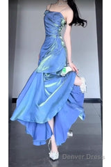 Retro Mermaid Spaghetti Straps Blue Ankle Length Prom Dresses Birthday Outfits With Flower