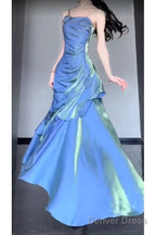 Retro Mermaid Spaghetti Straps Blue Ankle Length Prom Dresses Birthday Outfits With Flower
