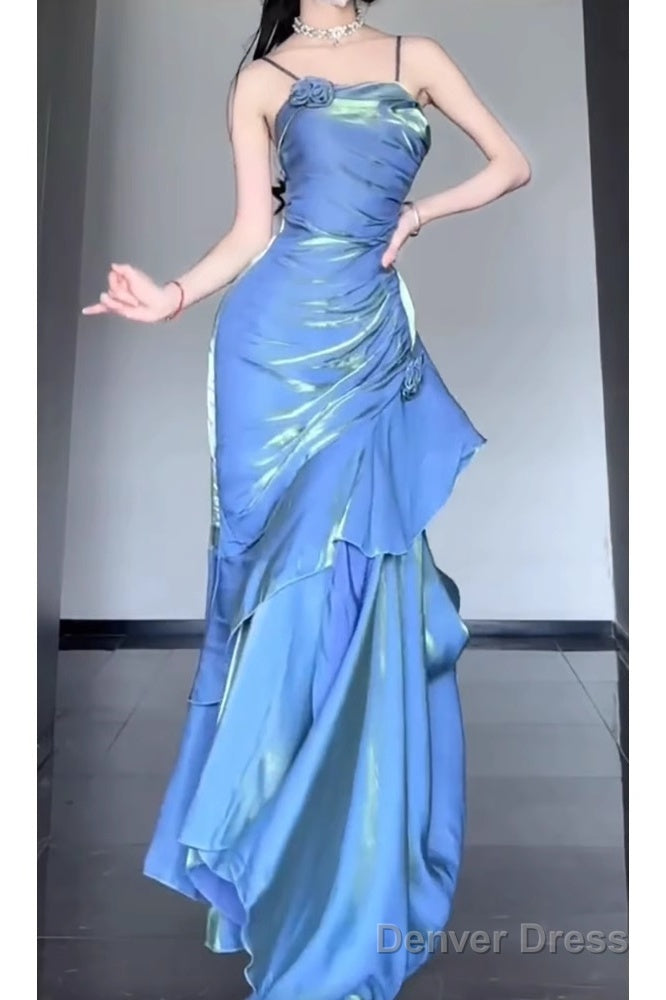Retro Mermaid Spaghetti Straps Blue Ankle Length Prom Dresses Birthday Outfits With Flower