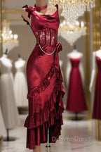Retro Mermaid Spaghetti Straps Burgundy Lace Prom Dresses Birthday Outfits