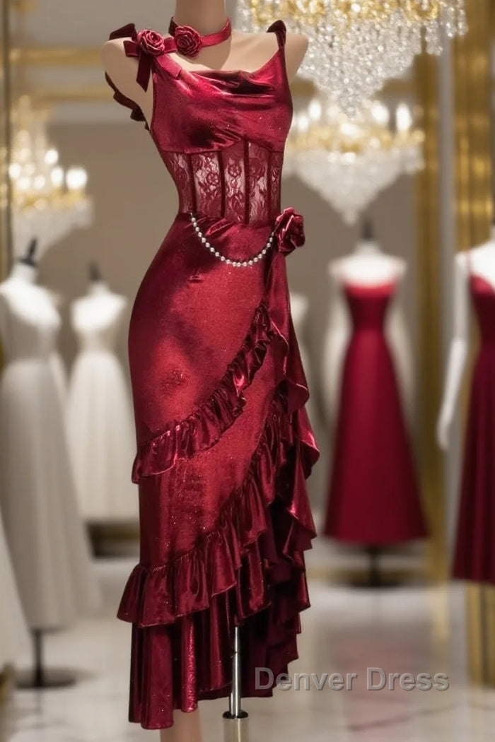 Retro Mermaid Spaghetti Straps Burgundy Lace Prom Dresses Birthday Outfits