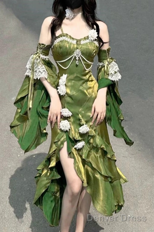 Retro Mermaid Spaghetti Straps High Low Long Party Dress Green Prom Dresses