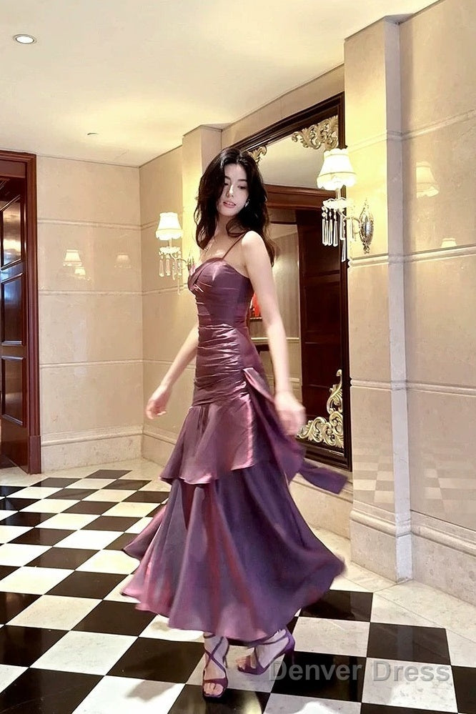 Retro Mermaid Spaghetti Straps Long Length Grape Evening Dress Prom Dresses