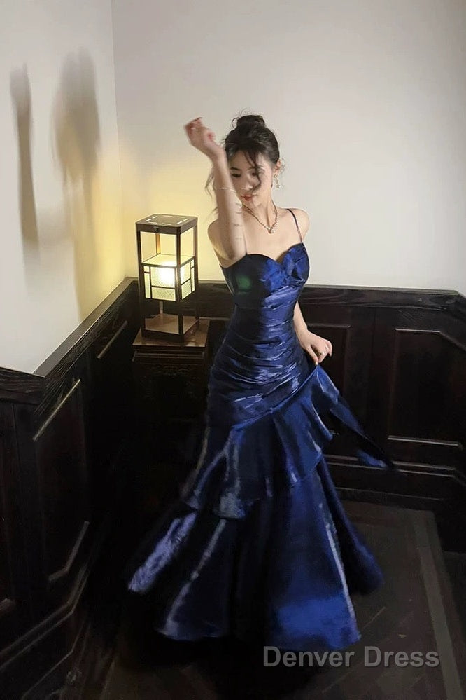 Retro Mermaid Spaghetti Straps Royal Blue Long Length Evening Dress Prom Dresses