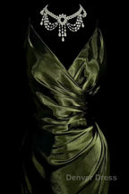 Retro Mermaid Spaghetti Straps Satin Green Long Evening Dresses Prom Dresses