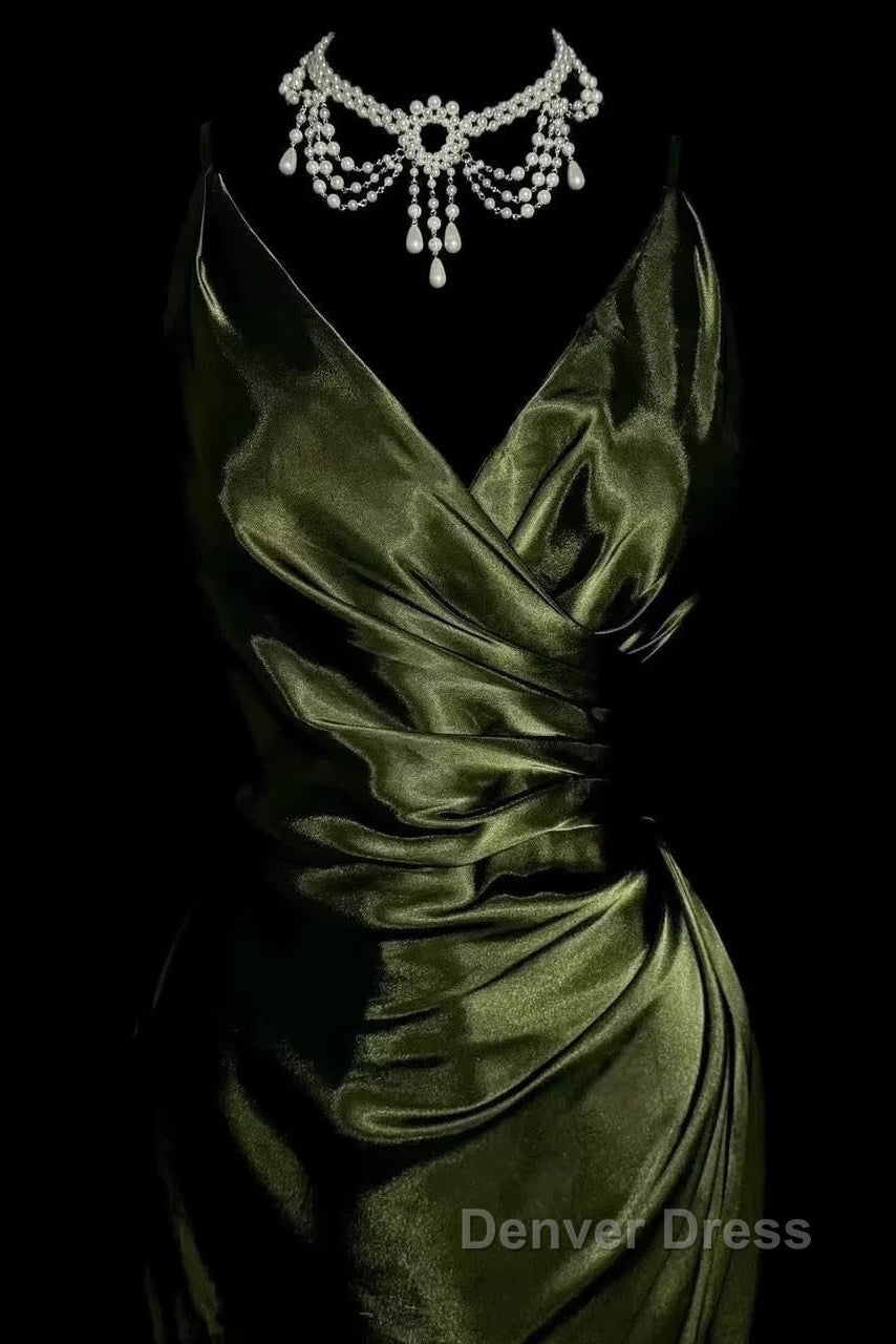 Retro Mermaid Spaghetti Straps Satin Green Long Evening Dresses Prom Dresses