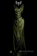 Retro Mermaid Spaghetti Straps Satin Green Long Evening Dresses Prom Dresses