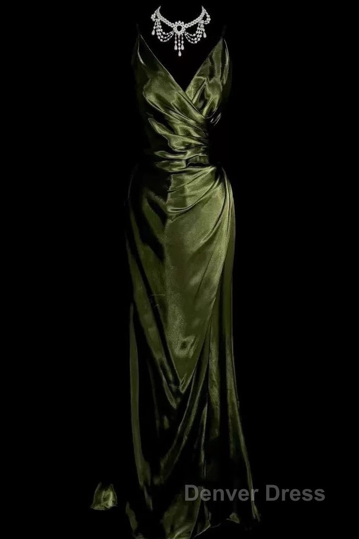 Retro Mermaid Spaghetti Straps Satin Green Long Evening Dresses Prom Dresses