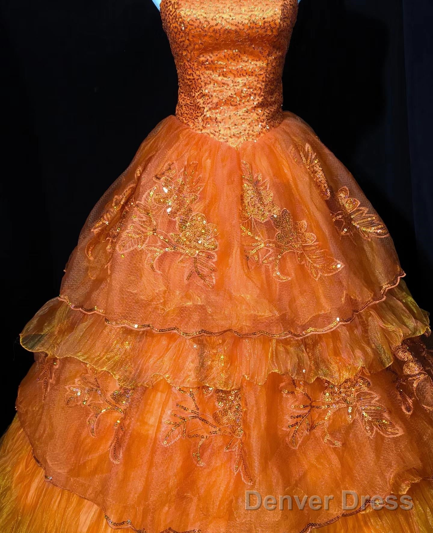 Retro Orange A-Line Strapless Tulle Sequin Long Prom Dress Gorgeous Wedding Dress