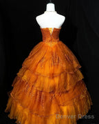 Retro Orange A-Line Strapless Tulle Sequin Long Prom Dress Gorgeous Wedding Dress