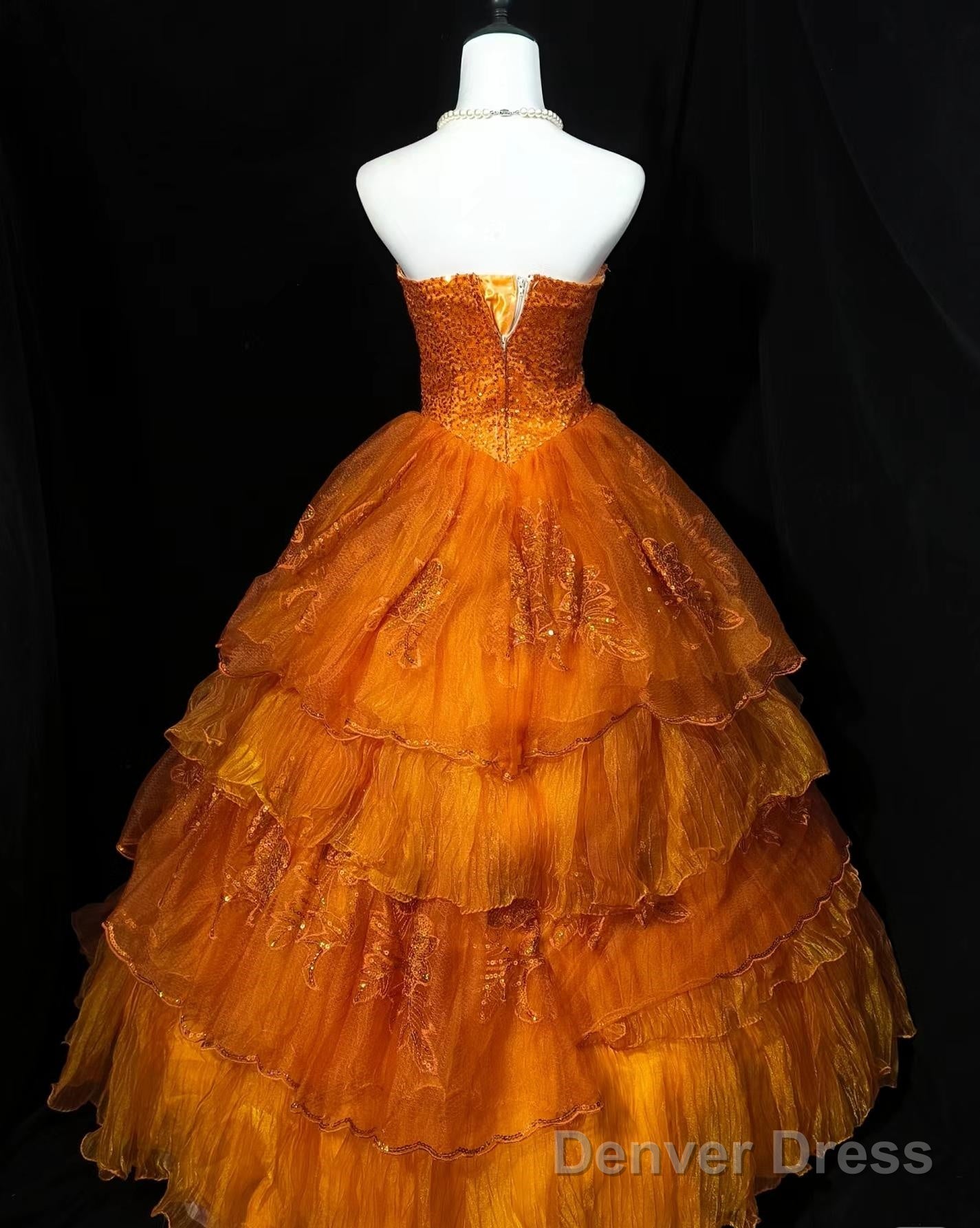 Retro Orange A-Line Strapless Tulle Sequin Long Prom Dress Gorgeous Wedding Dress