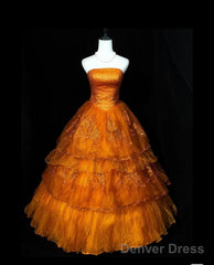 Retro Orange A-Line Strapless Tulle Sequin Long Prom Dress Gorgeous Wedding Dress