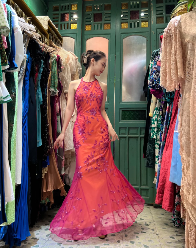 Retro Orange-Pink Mermaid Halter Neck Backless Beaded Tulle Long Prom Dresses Evening Dresses