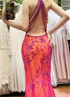 Retro Orange-Pink Mermaid Halter Neck Backless Beaded Tulle Long Prom Dresses Evening Dresses