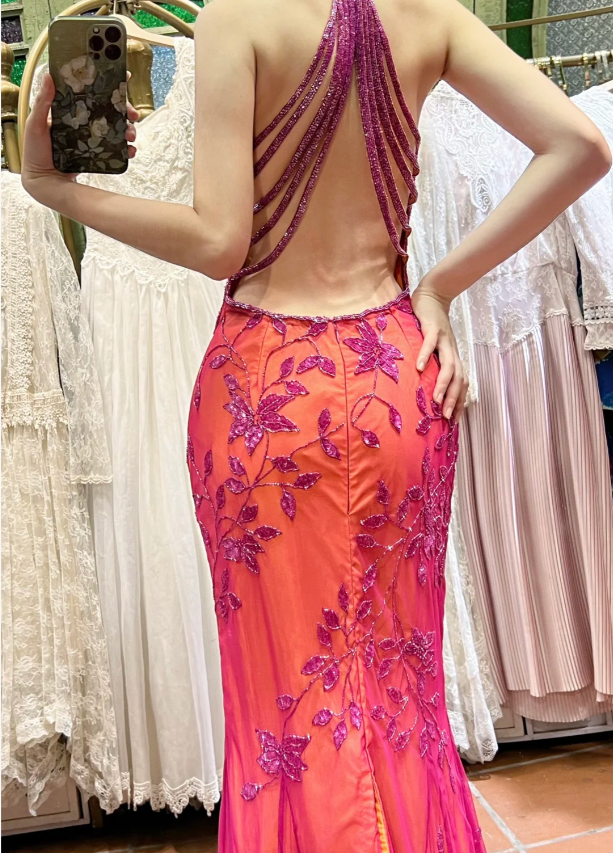 Retro Orange-Pink Mermaid Halter Neck Backless Beaded Tulle Long Prom Dresses Evening Dresses