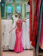 Retro Orange-Pink Mermaid Halter Neck Backless Beaded Tulle Long Prom Dresses Evening Dresses