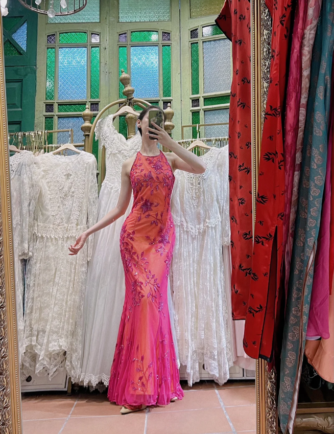 Retro Orange-Pink Mermaid Halter Neck Backless Beaded Tulle Long Prom Dresses Evening Dresses
