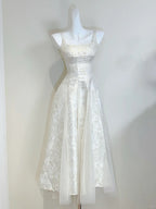 Retro Palace Ivory A-Line Square Neck Strap Jacquard Tulle Prom Dresses Evening Dresses